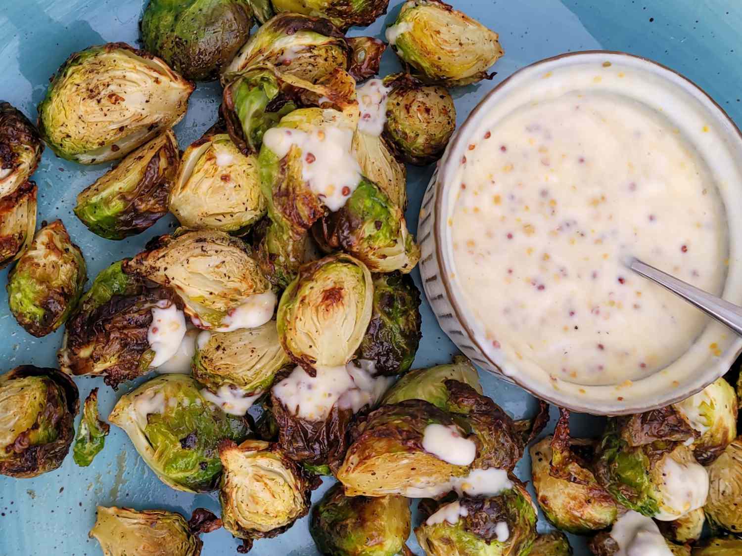 Air Fryer Roasted Brussels Sprouts with Maple-Mustard Mayo Recipe