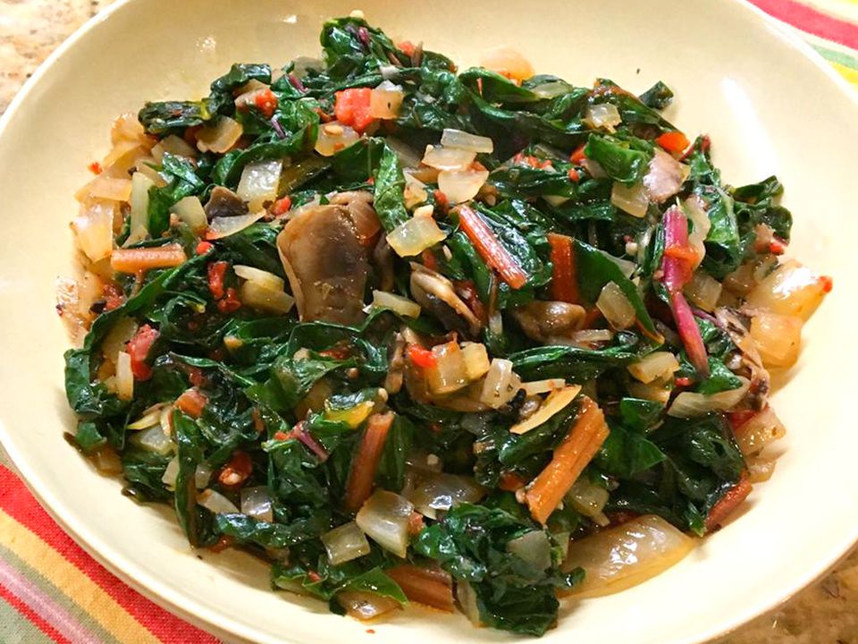 Sauteed Swiss Chard with Mushrooms and Roasted Red Peppers Recipe