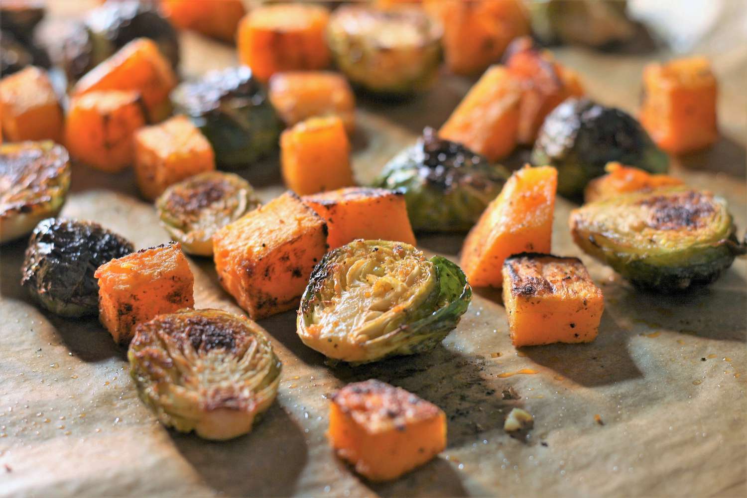 Sheet Pan Vegan Roasted Brussels Sprouts and Butternut Squash Recipe