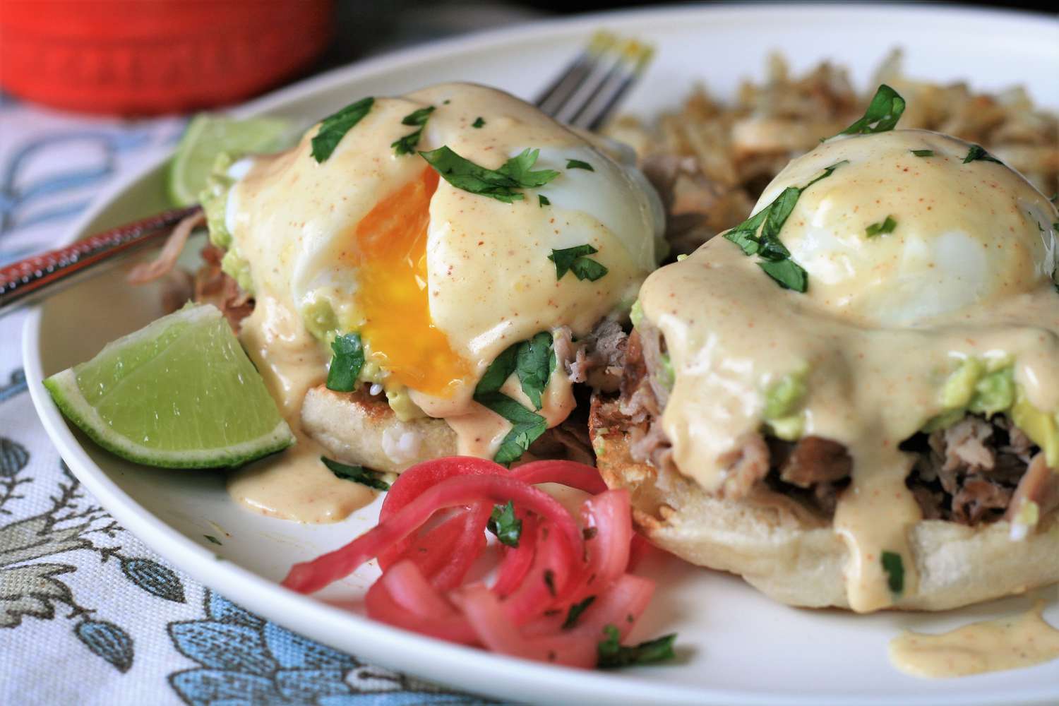 Carnitas Eggs Benedict with Chipotle Hollandaise Recipe