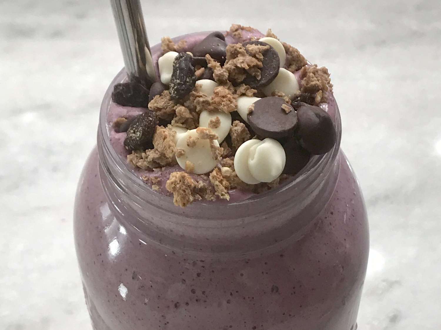 Protein Smoothie Bowl with Berries, Chocolate Chips, and Granola