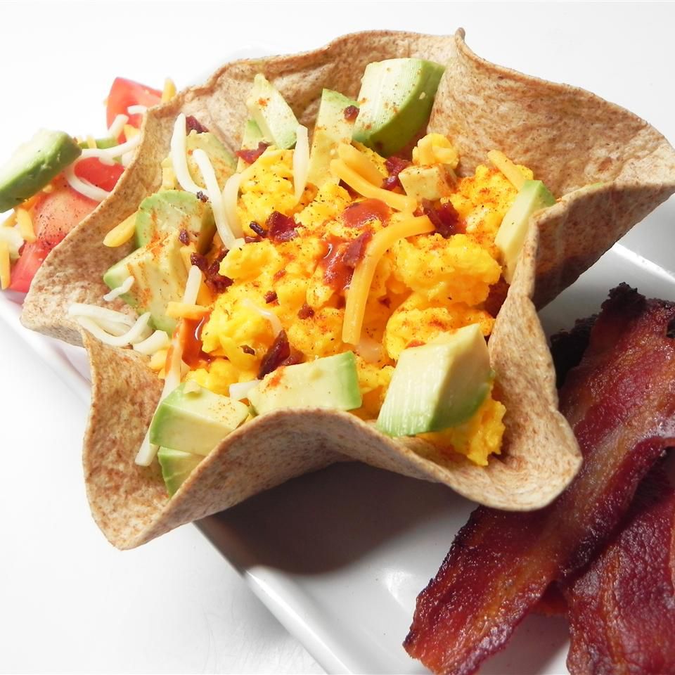 Scrambled Eggs, Cheese, and Avocado Tortilla Bowl Recipe