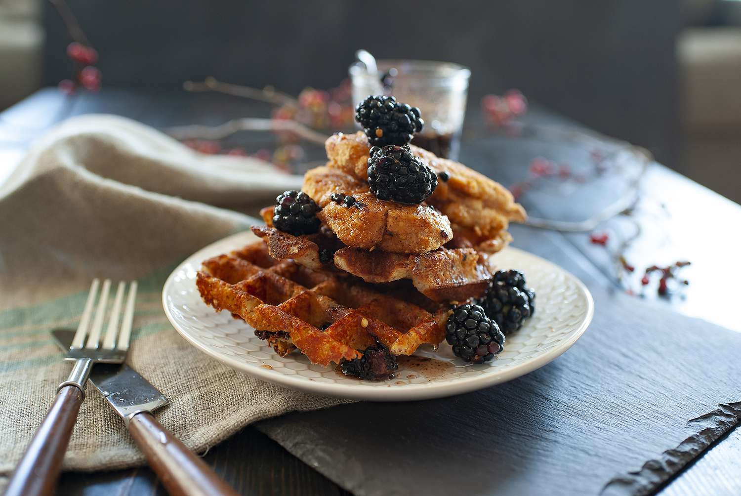 Spicy Gluten-Free Chicken and Cheddar Waffles with Blackberry-Maple Syrup Recipe