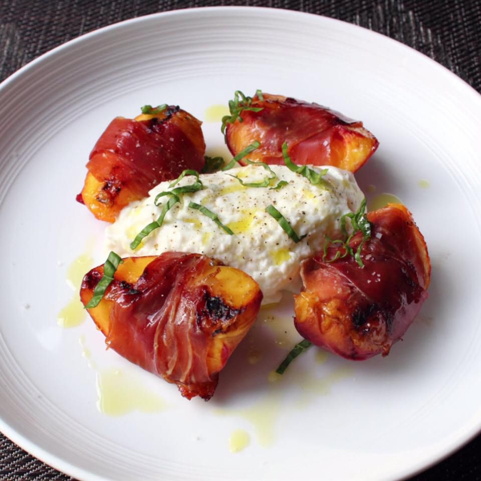 Grilled Prosciutto-Wrapped Peaches with Burrata and Basil Recipe