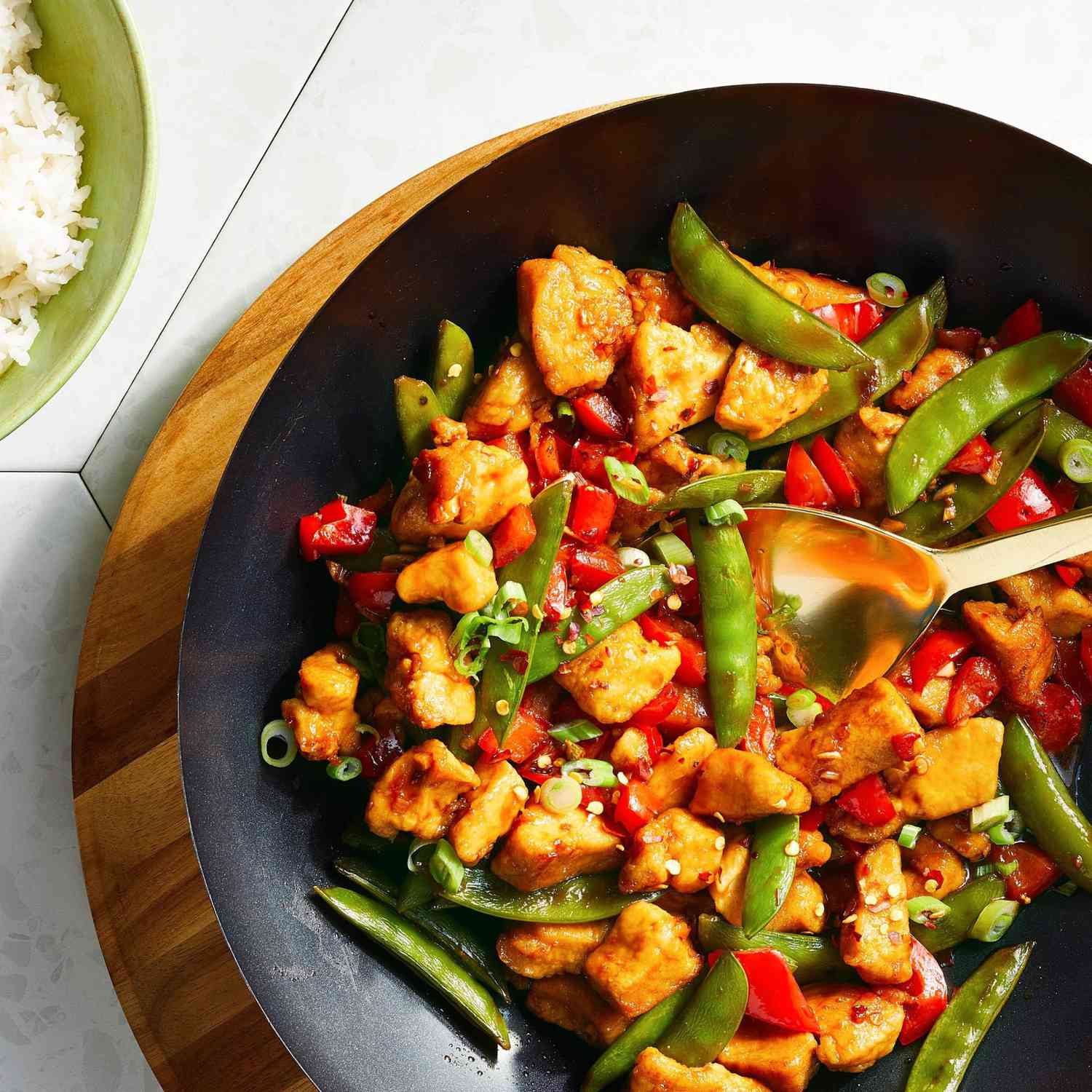 Szechuan Chicken, Peppers, and Peas on Rice Recipe