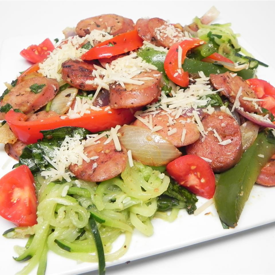 Zucchini Noodles and Summer Vegetables with Sweet Pepper Chicken Sausage Recipe