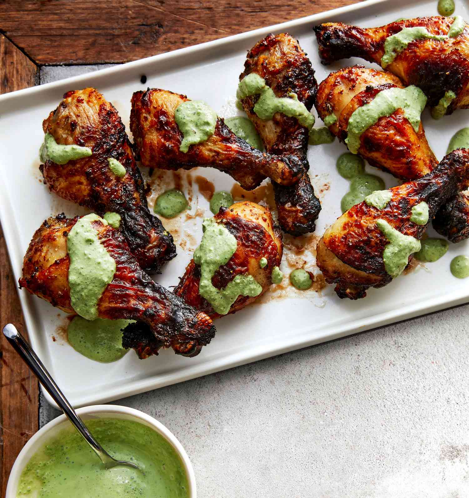 Air-Fried Peruvian Chicken Drumsticks with Green Crema Recipe