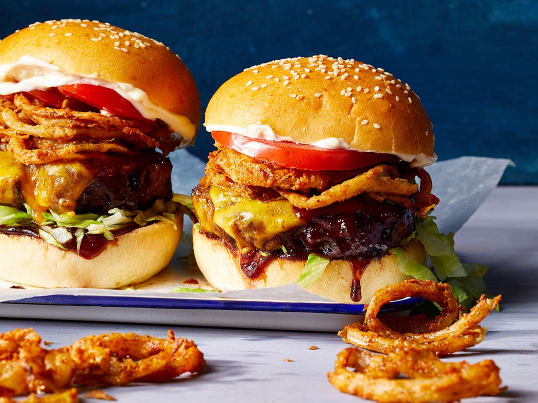 Copycat Red Robin Whiskey River BBQ Burger with Onion Straws Recipe