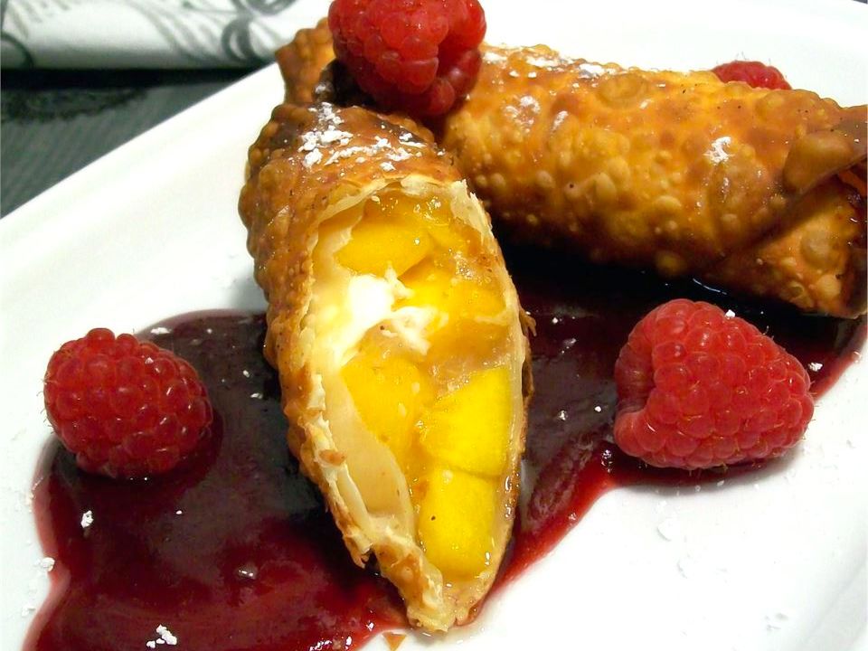 Quick and Easy Peach Pie Egg Rolls with Raspberry Sauce Recipe