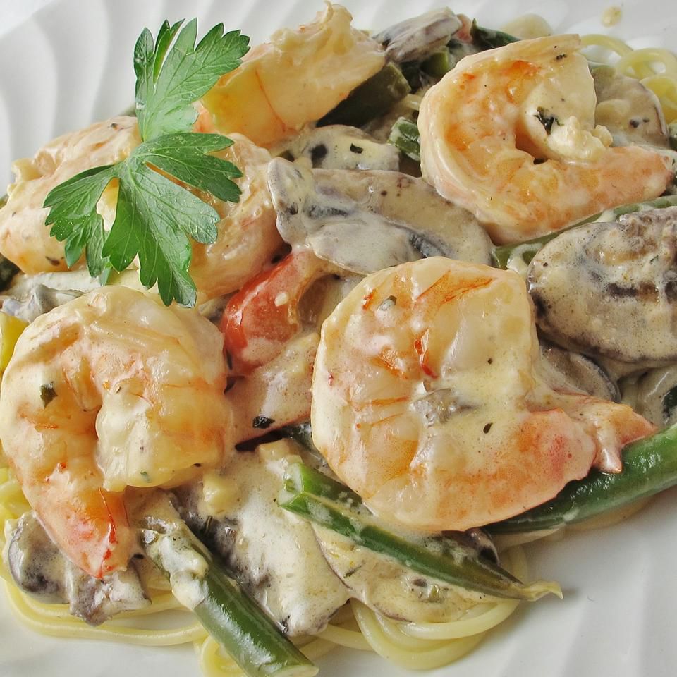 Shrimp and Mushroom Linguini with Creamy Cheese Herb Sauce Recipe