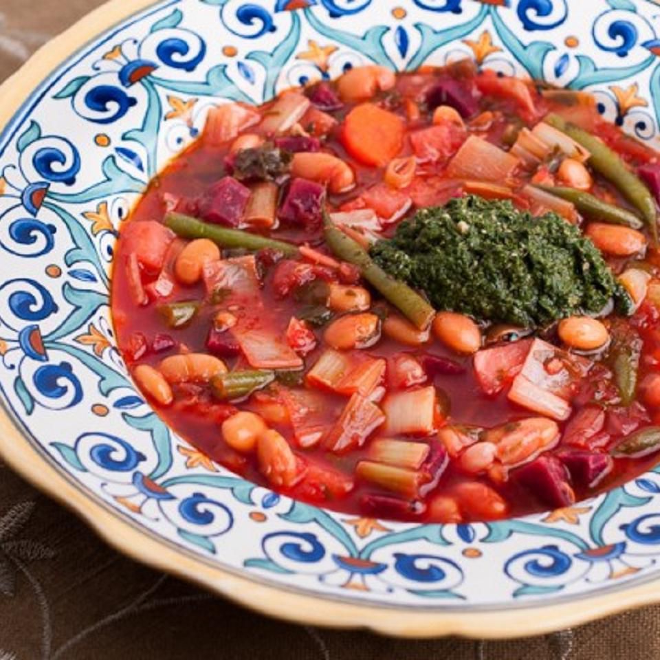 Red Winter Minestrone with Winter Greens Pesto Recipe