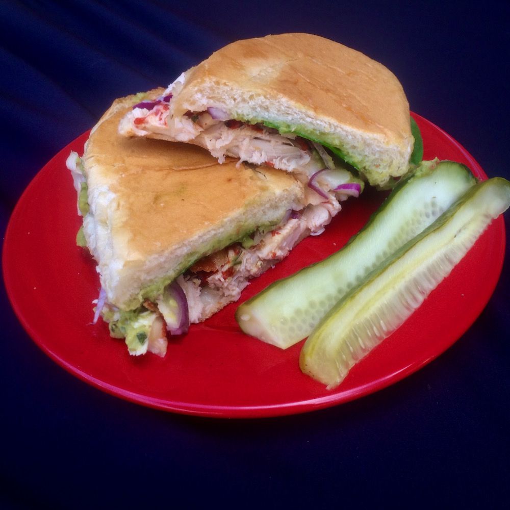 Rotisserie Chicken Panini with Roasted Sweet Red Pepper, Spinach, and Guacamole