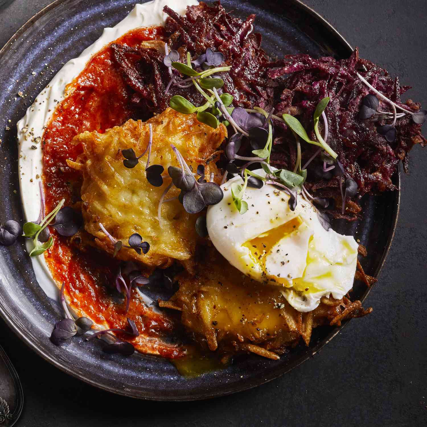 Rainbow Potato Pancakes with Harissa and Eggs